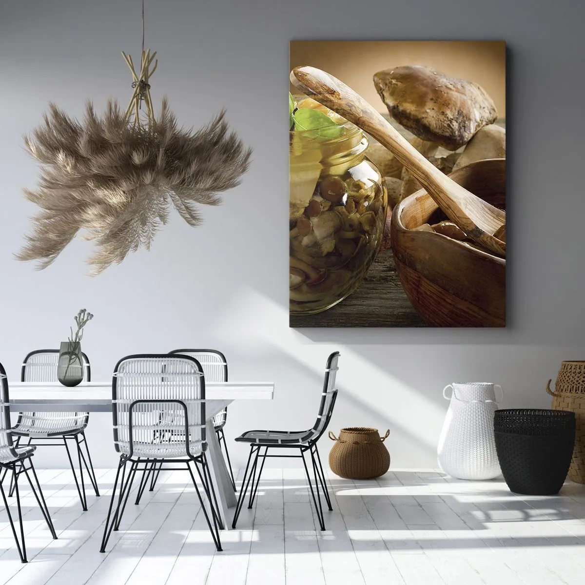 Impression sur toile - Image sur toile - Champignons naturels dans un bocal sur une table rustique - 70x100cm - Que ce soit frais ou salé, ou en automne... - Décoration murale moderne pour le salon et la chambre ARTTOR