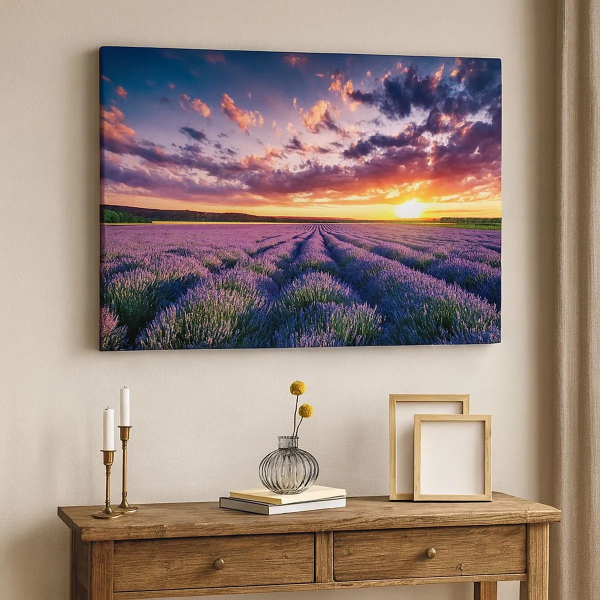 Impression sur toile - Image sur toile - Un champ de lavande au coucher du soleil avec un ciel coloré - 70x50cm - Monde de lavande - Décoration murale moderne pour le salon et la chambre ARTTOR