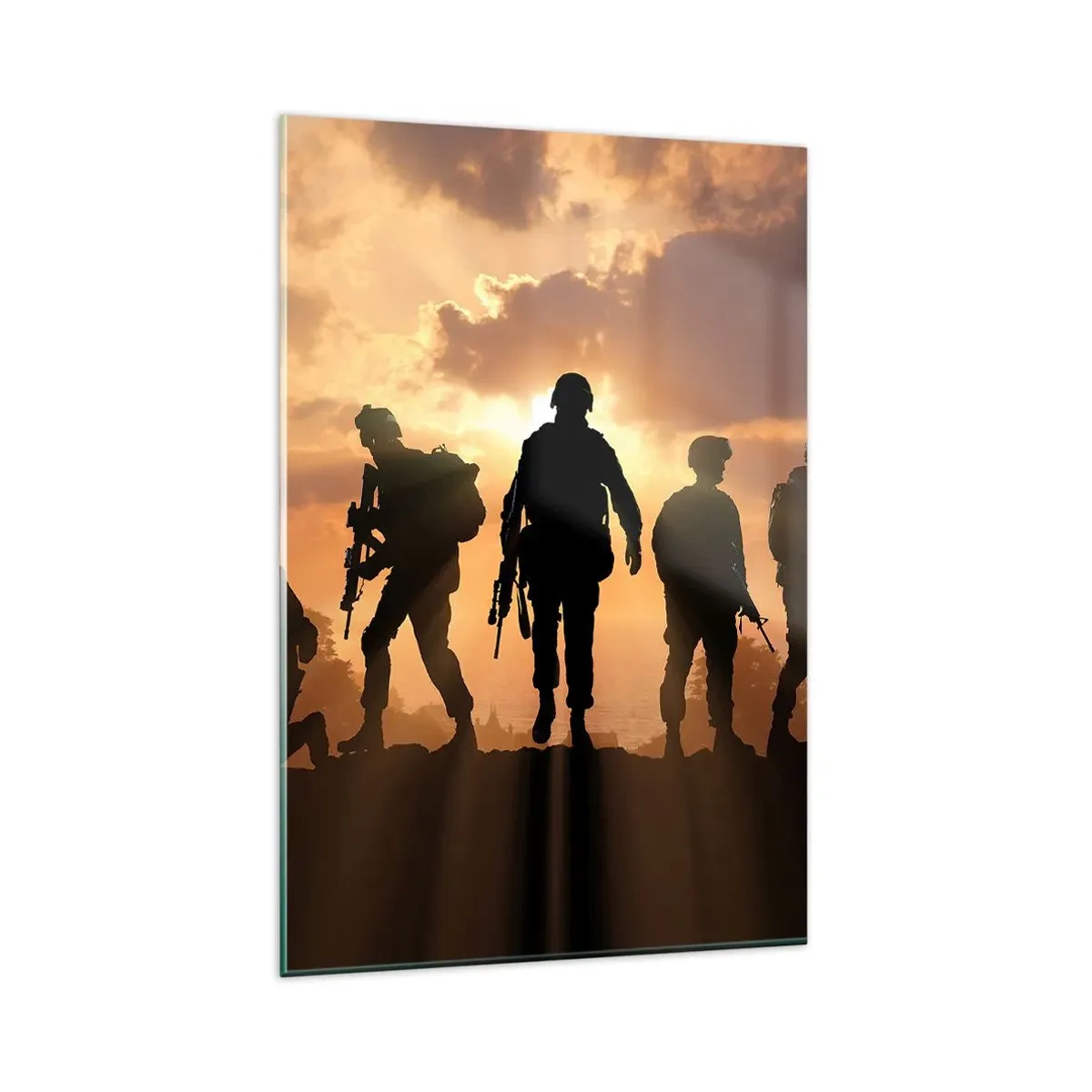 Impression sur verre - Image sur verre - Soldats sur fond de soleil couchant dans un décor dynamique - 80x120cm - Brothers in arms - Décoration murale moderne pour le salon et la chambre ARTTOR