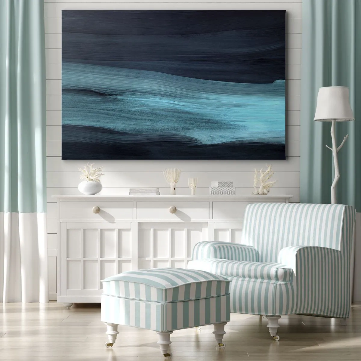Impression sur toile - Image sur toile - De subtiles vagues abstraites dans des tons bleus foncés - 120x80cm - Suivez le courant - Décoration murale moderne pour le salon et la chambre ARTTOR