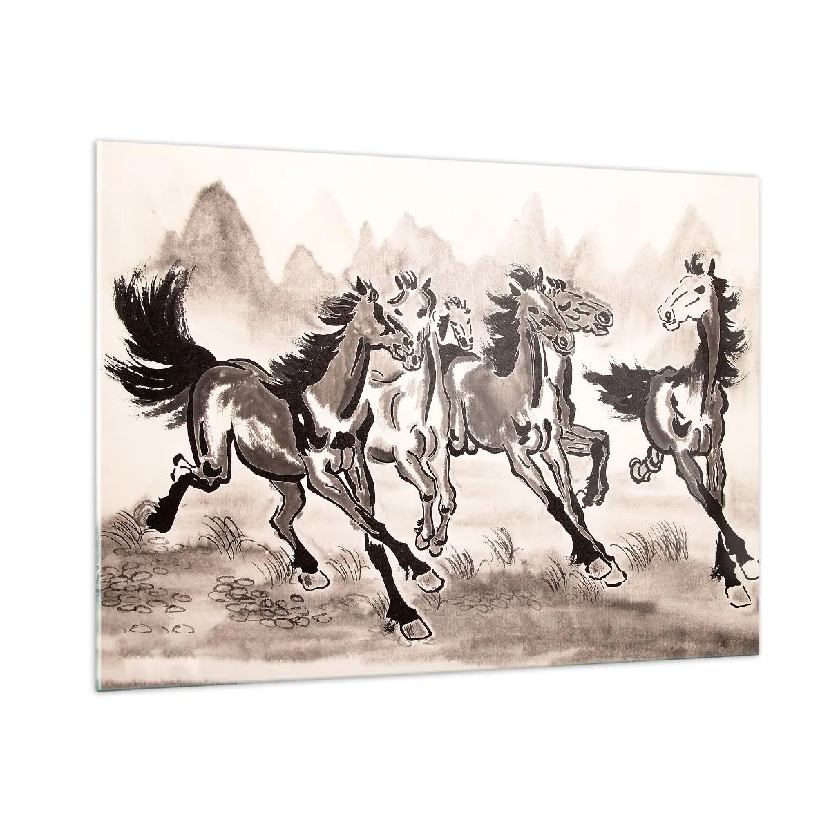 Impression sur verre - Image sur verre - Un groupe de chevaux au galop à la chinoise - 100x70cm - Dans un joyeux galop - Décoration murale moderne pour le salon et la chambre ARTTOR