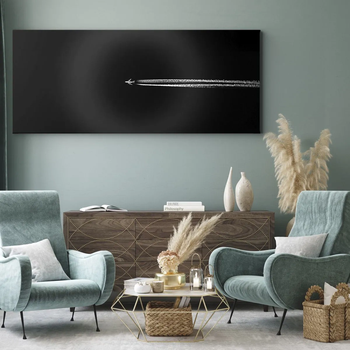 Impression sur toile - Image sur toile - Un avion à réaction avec une traînée de condensation visible sur fond noir - 120x50cm - Dans une autre dimension - Décoration murale moderne pour le salon et la chambre ARTTOR