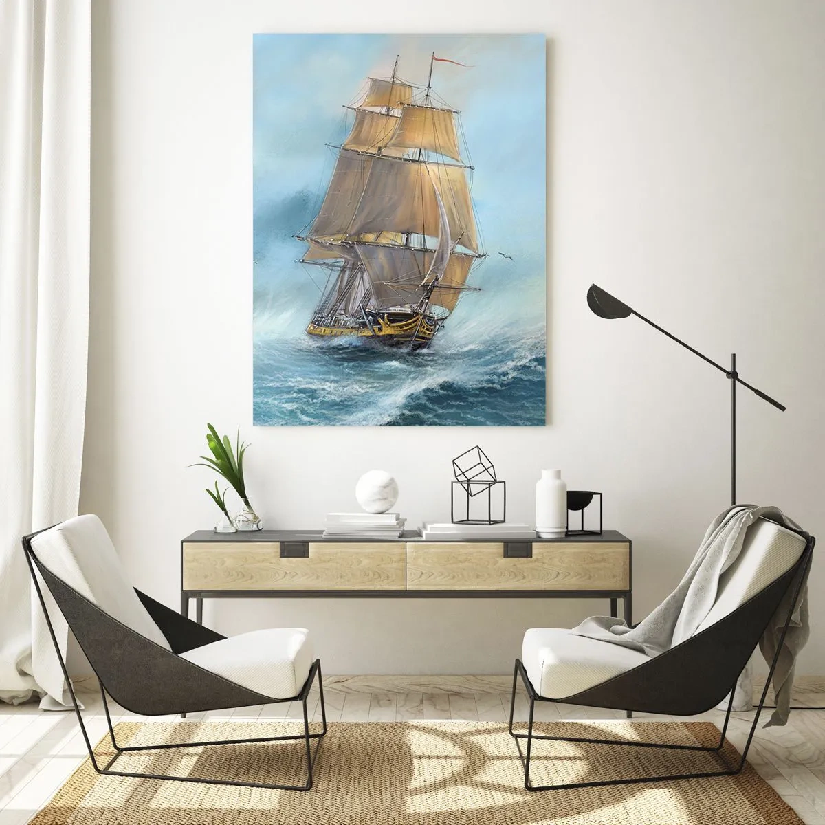 Impression sur verre - Image sur verre - Un voilier sur une mer agitée dans un style pictural - 50x70cm - Se précipitant sur les vagues - Décoration murale moderne pour le salon et la chambre ARTTOR