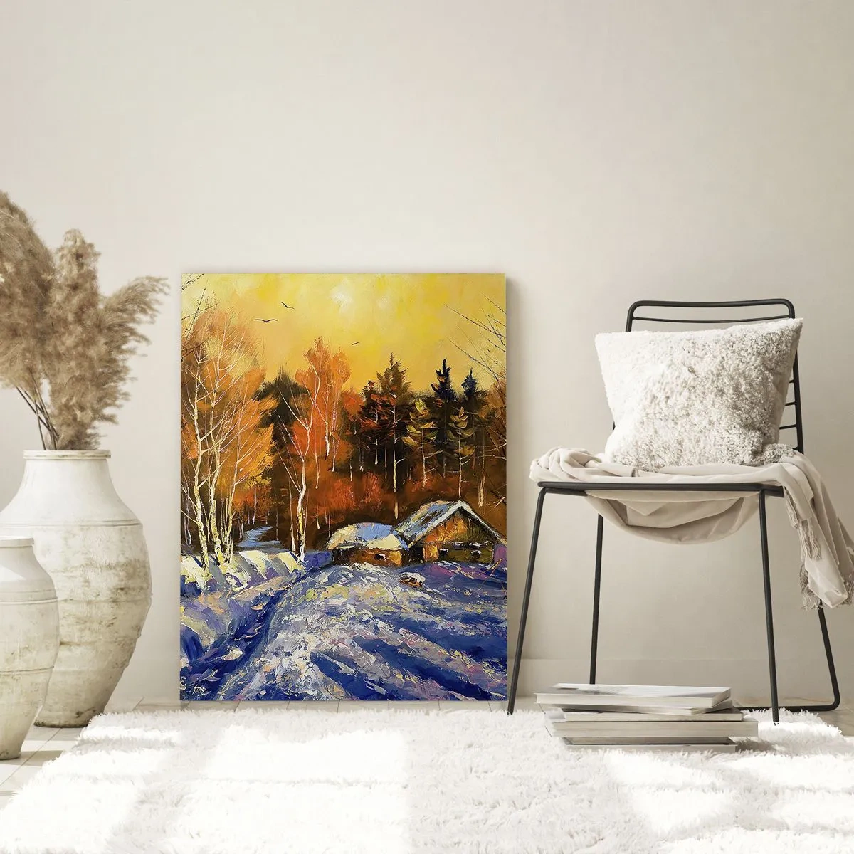 Impression sur verre - Image sur verre - Paysage d'hiver avec une maison à la lumière du soleil couchant - 80x120cm - Impression d'hiver au soleil - Décoration murale moderne pour le salon et la chambre ARTTOR