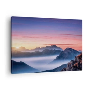 Impression sur toile - Image sur toile - Paysage de montagne au lever du soleil avec du brouillard dans les vallées - 70x50cm - Au-dessus des vallées - Décoration murale moderne pour le salon et la chambre ARTTOR