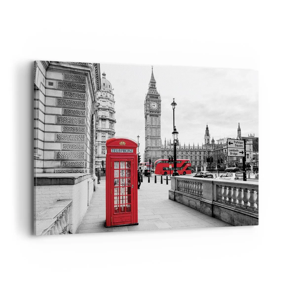 Impression sur toile - Image sur toile - Une cabine téléphonique rouge avec Big Ben en arrière-plan à Londres - 100x70cm - Sans aucun doute Londres - Décoration murale moderne pour le salon et la chambre ARTTOR