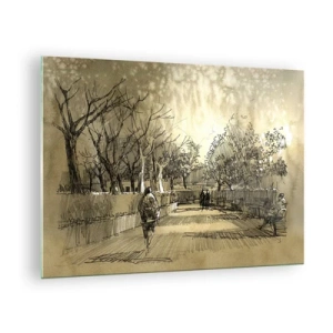 Impression sur verre - Image sur verre - Un dessin d'un parc avec des sentiers et des gens qui marchent - 70x50cm - Un moment arrêté avec une plume - Décoration murale moderne pour le salon et la chambre ARTTOR