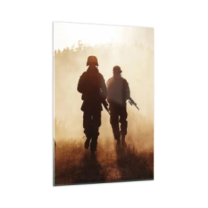 Impression sur verre - Image sur verre - Des soldats marchant dans le brouillard matinal sur fond de nature - 80x120cm - Call of Duty - Décoration murale moderne pour le salon et la chambre ARTTOR