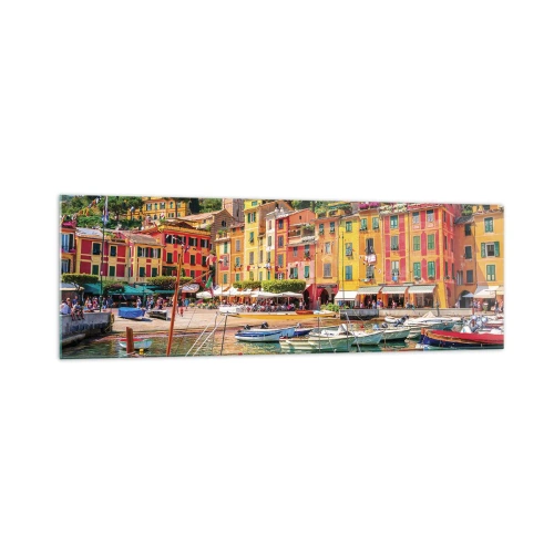 Impression sur verre - Image sur verre - Maisons de ville colorées et bateaux dans une ville balnéaire italienne - 160x50cm - Matinée italienne - Décoration murale moderne pour le salon et la chambre ARTTOR