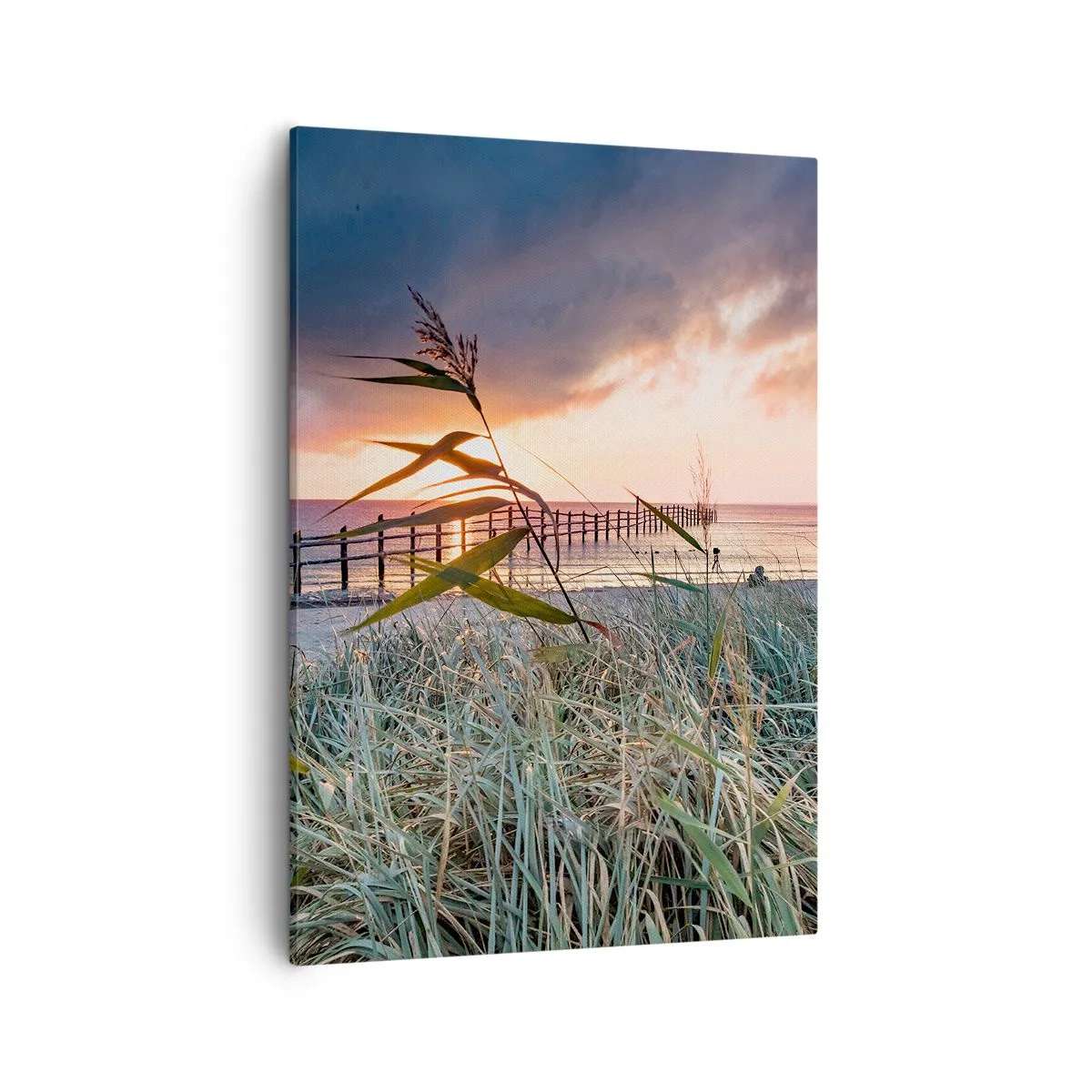 Impression sur toile - Image sur toile - Plage au coucher du soleil avec des herbes au premier plan - 50x70cm - Ça ne passe pas avec le vent - Décoration murale moderne pour le salon et la chambre ARTTOR