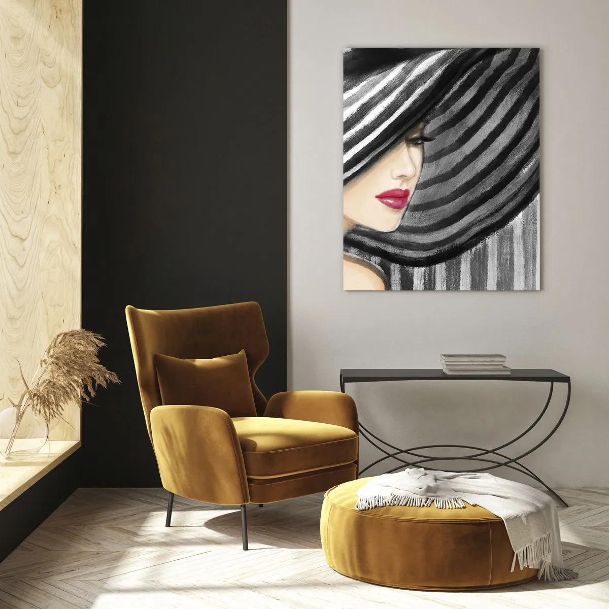 Impression sur verre - Image sur verre - Femme portant un chapeau noir et blanc avec une touche rouge - 70x100cm - Où te chercher ? - Décoration murale moderne pour le salon et la chambre ARTTOR