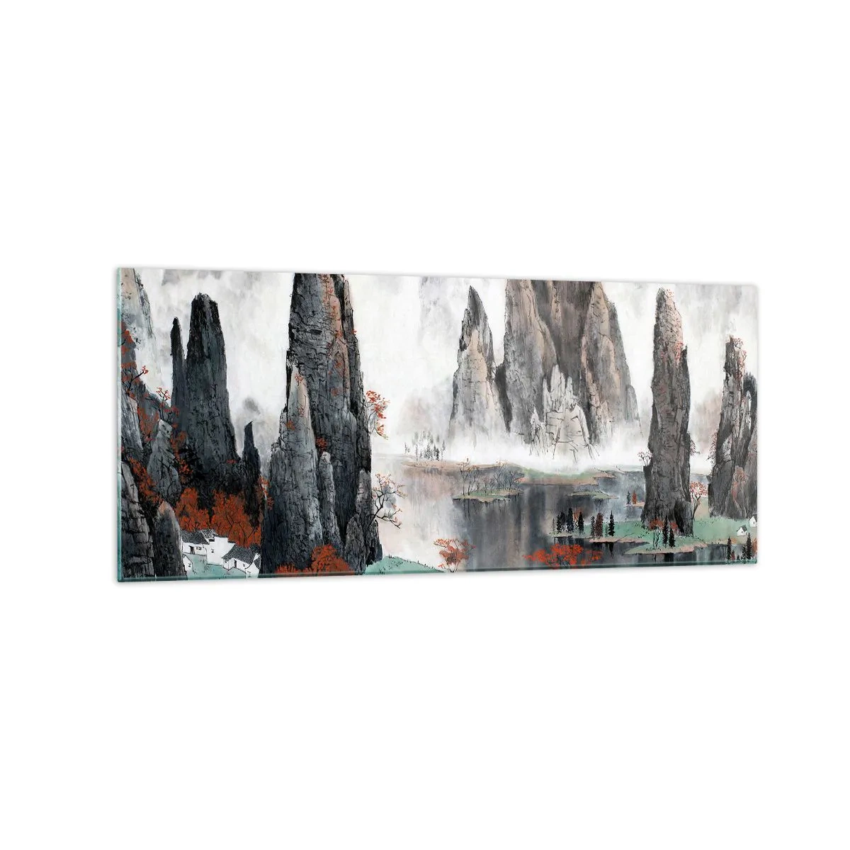 Impression sur verre - Image sur verre - Rochers et arbres pittoresques dans le paysage brumeux de la Chine - 120x50cm - De puissants gardiens - Décoration murale moderne pour le salon et la chambre ARTTOR