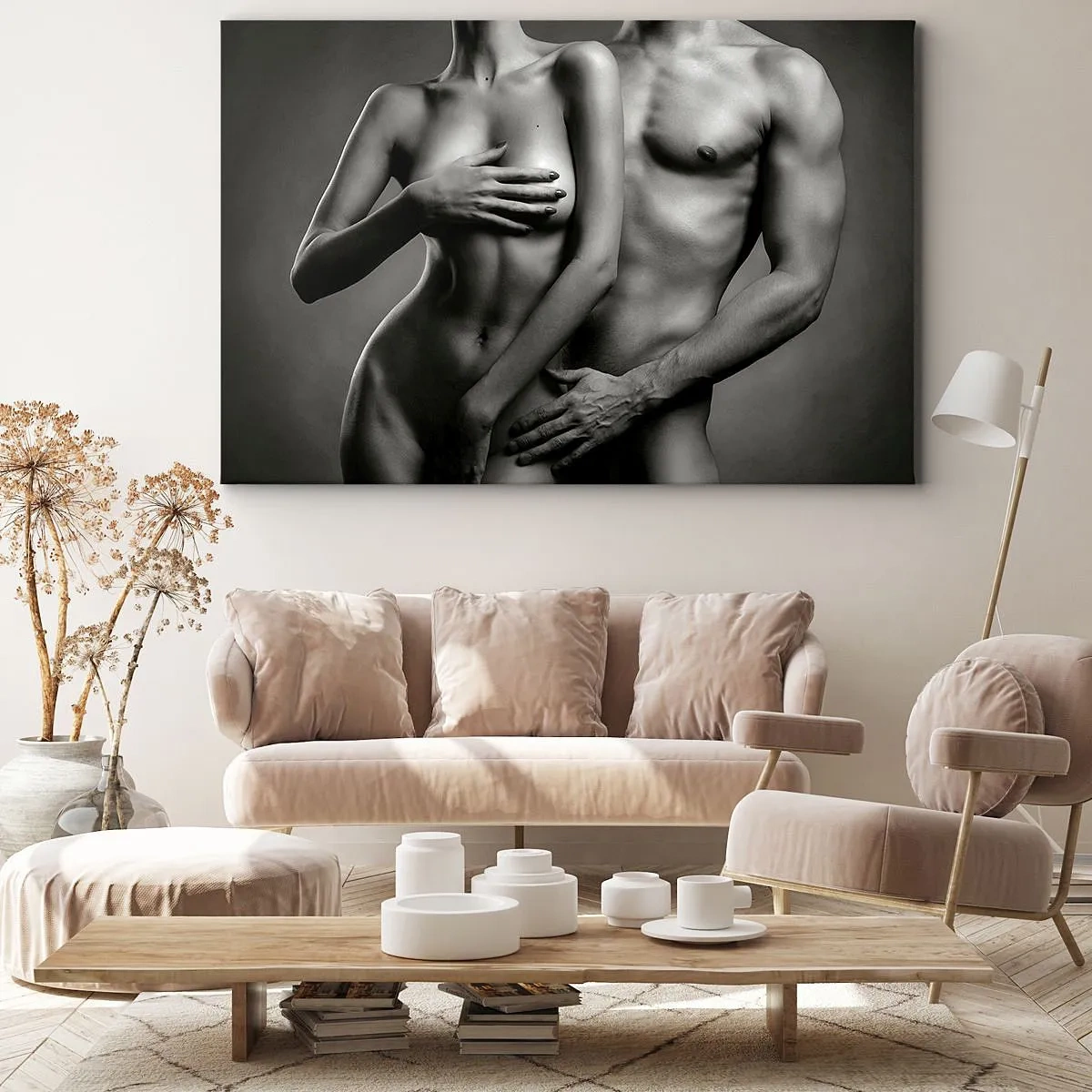Impression sur toile - Image sur toile - Représentation en noir et blanc de corps féminins et masculins dans une pose artistique - 70x50cm - Adam et Eve - Décoration murale moderne pour le salon et la chambre ARTTOR