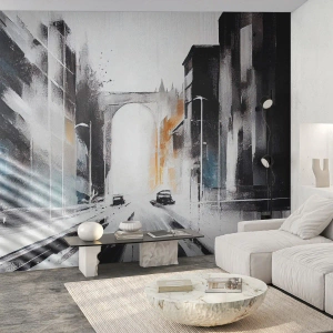 Papier Peint Photo Premium Canvas - Panorama abstrait de la ville avec un pont en arc - 100x70cm - Étude de ville : architecture et mouvement - Décoration murale moderne pour le salon et la chambre ARTTOR