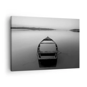 Impression sur toile - Image sur toile - Un bateau solitaire sur un lac calme dans des tons de noir et blanc - 70x50cm - Nostalgie et mélancolie - Décoration murale moderne pour le salon et la chambre ARTTOR