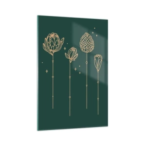 Impression sur verre - Image sur verre - Dessins dorés d'herbes sur fond vert foncé - 70x100cm - La famille Plante - Décoration murale moderne pour le salon et la chambre ARTTOR