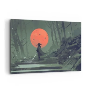 Impression sur toile - Image sur toile - Un guerrier solitaire avec une épée sur fond de lune rouge dans une forêt sombre. - 120x80cm - Guerrier de la lune rouge - Décoration murale moderne pour le salon et la chambre ARTTOR