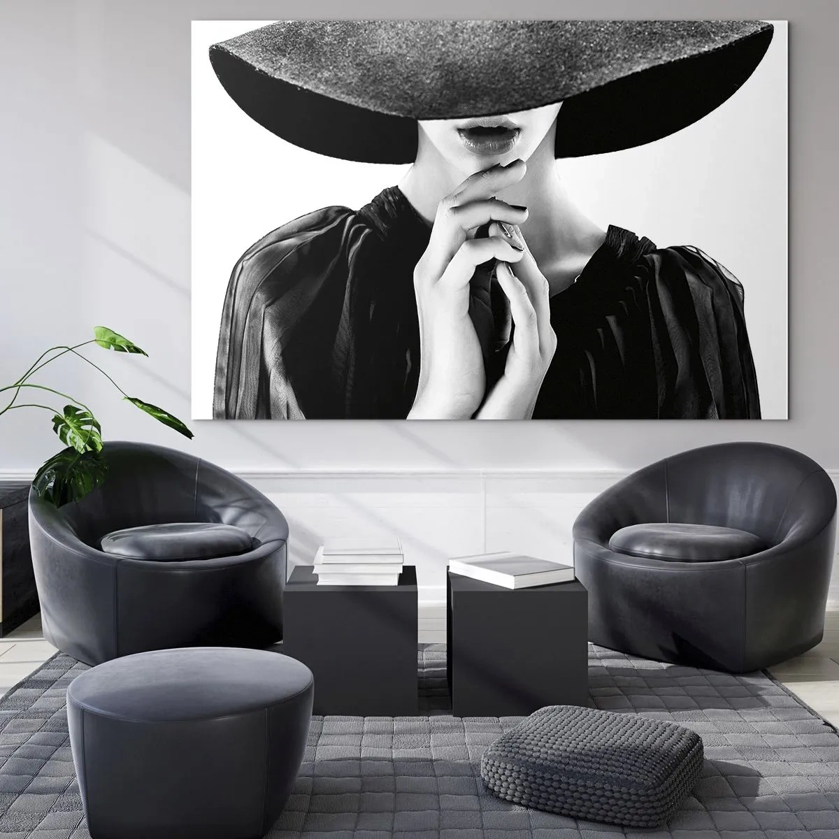 Impression sur verre - Image sur verre - Femme élégante en noir avec un chapeau couvrant son visage - 120x80cm - Beauté cachée - Décoration murale moderne pour le salon et la chambre ARTTOR