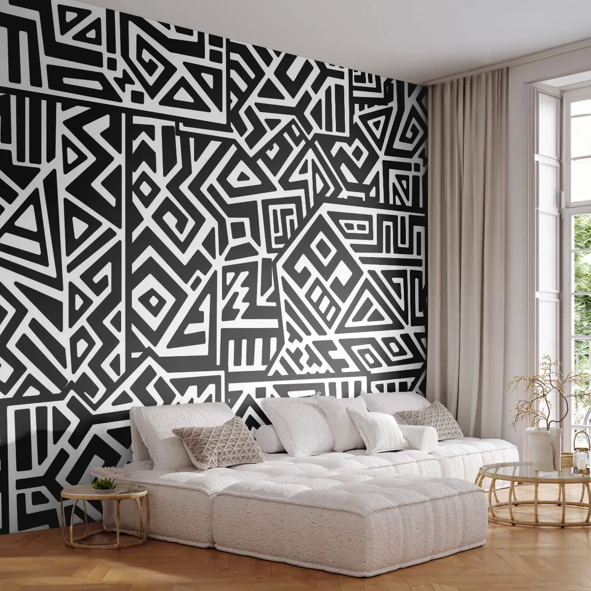 Papier Peint Photo Standard Eco - Composition précolombienne - Abstraction, Morceau, Noir et blanc - 350x256 cm