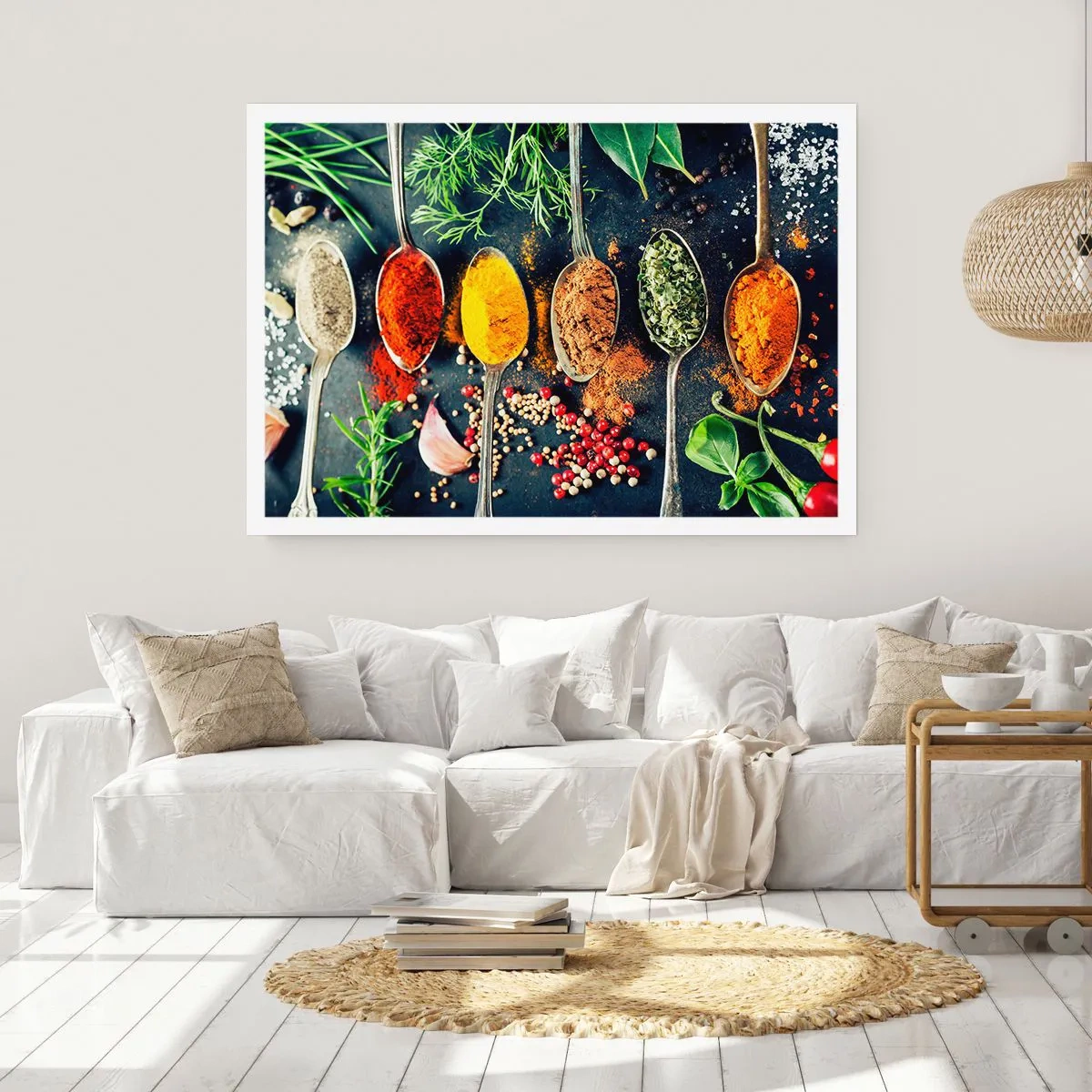 Affiche - Poster - Épices colorées sur des cuillères avec des herbes en arrière-plan - 100x70cm - Magie culinaire - Décoration murale moderne pour le salon et la chambre ARTTOR