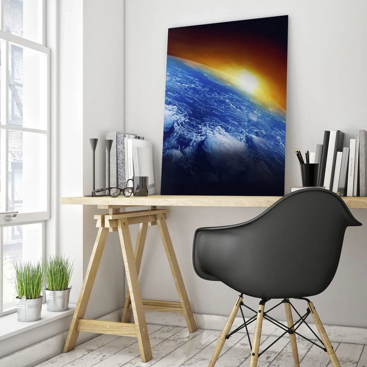 Impression sur verre - Image sur verre - Vue de la Terre depuis l'espace au coucher du soleil - 70x100cm - Lever de soleil sur la planète bleue - Décoration murale moderne pour le salon et la chambre ARTTOR
