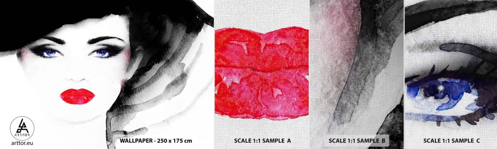 Échantillon de Papier Peint Premium Canvas - Elle repousse et attire - Visage de femme, lèvres rouges, Yeux bleus - 100x30 cm