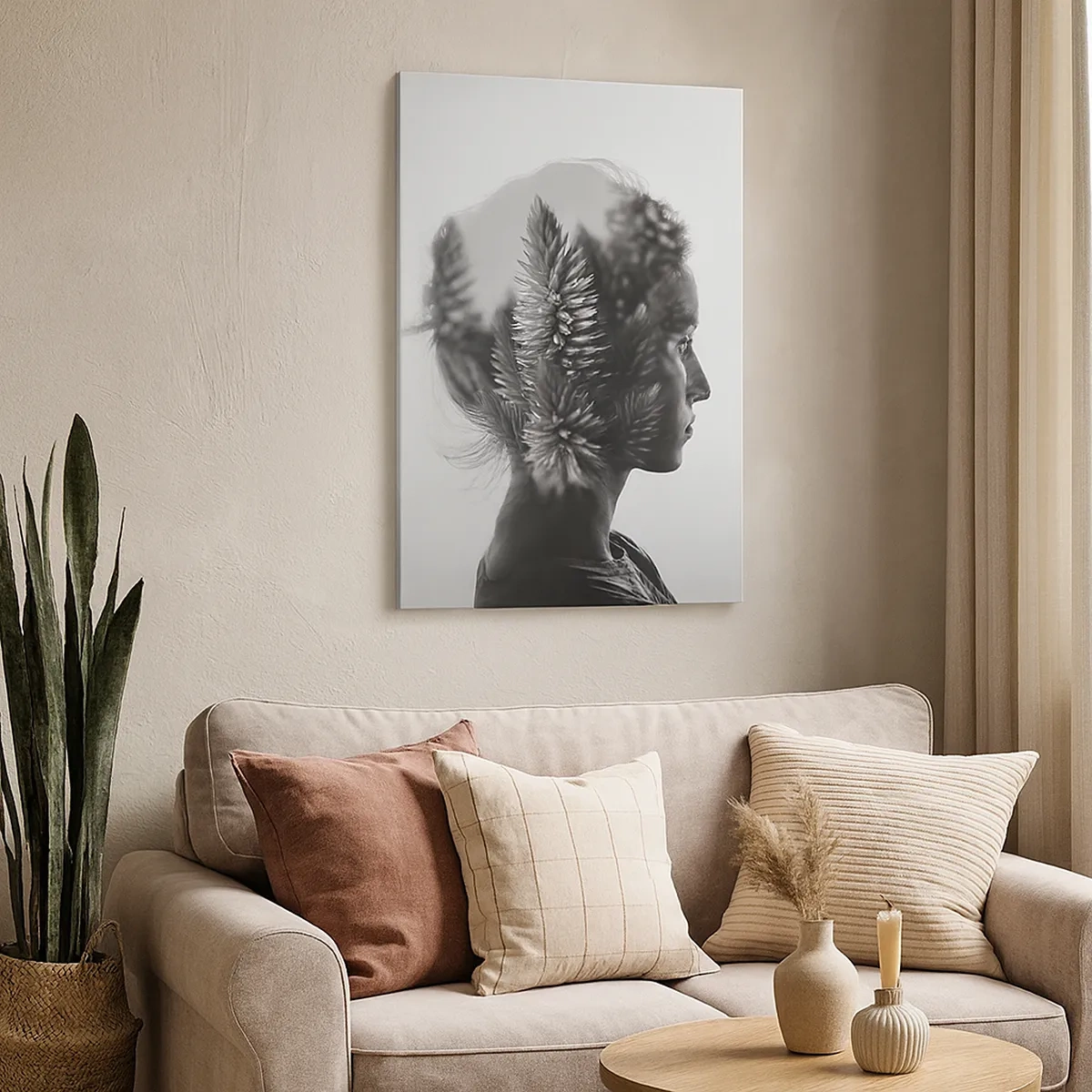 Impression sur toile - Image sur toile - Feuilles tropicales sur fond géométrique - 50x70cm - Une composition symétrique par nature - Décoration murale moderne pour le salon et la chambre ARTTOR