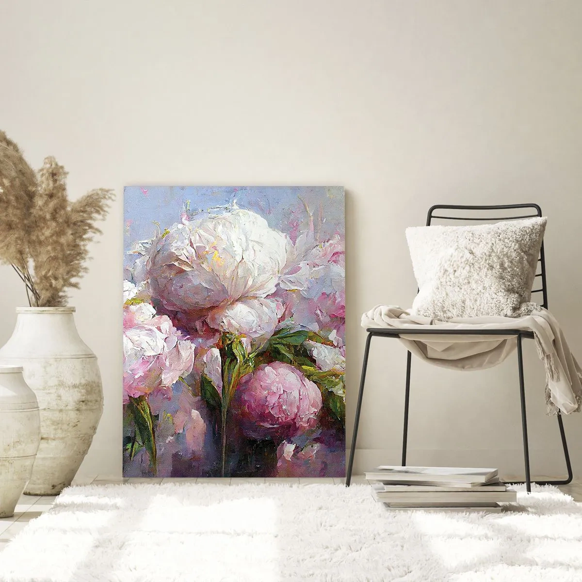 Impression sur verre - Image sur verre - Peinture à l'huile de pivoines blanches et roses en fleurs - 50x70cm - Un bouquet plein de vie - Décoration murale moderne pour le salon et la chambre ARTTOR
