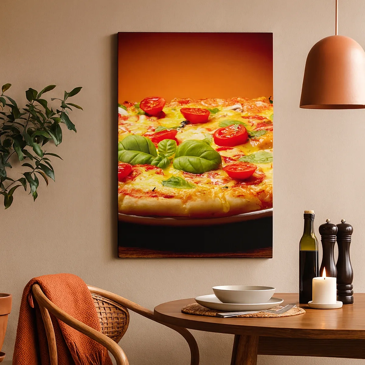 Impression sur toile - Image sur toile - Pizza aux tomates et au basilic sur une table en bois - 50x70cm - Mamma mia! - Décoration murale moderne pour le salon et la chambre ARTTOR