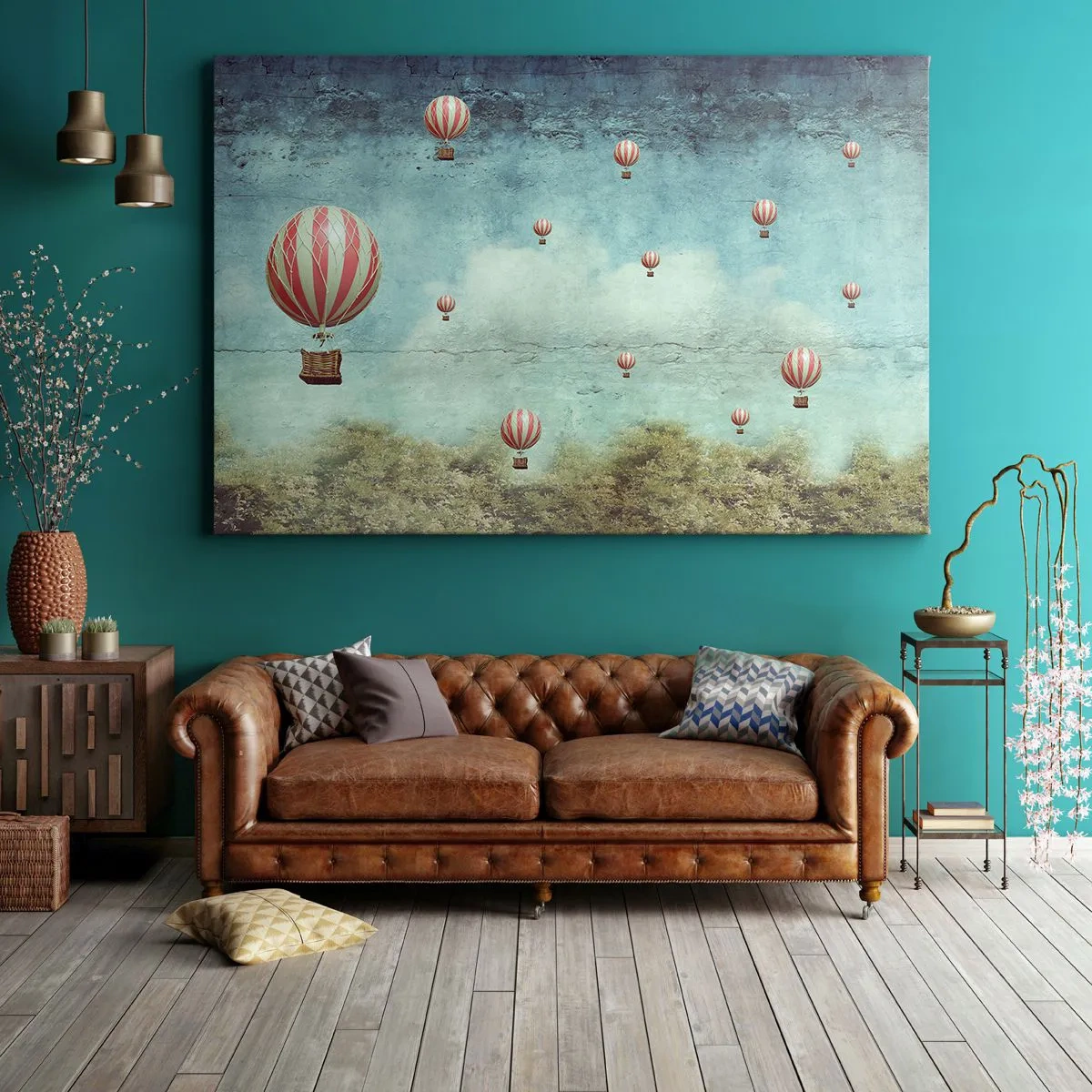 Impression sur toile - Image sur toile - Ballons rétro sur fond de ciel bleu et de verdure - 100x70cm - Libre de l'agitation de la vie - Décoration murale moderne pour le salon et la chambre ARTTOR