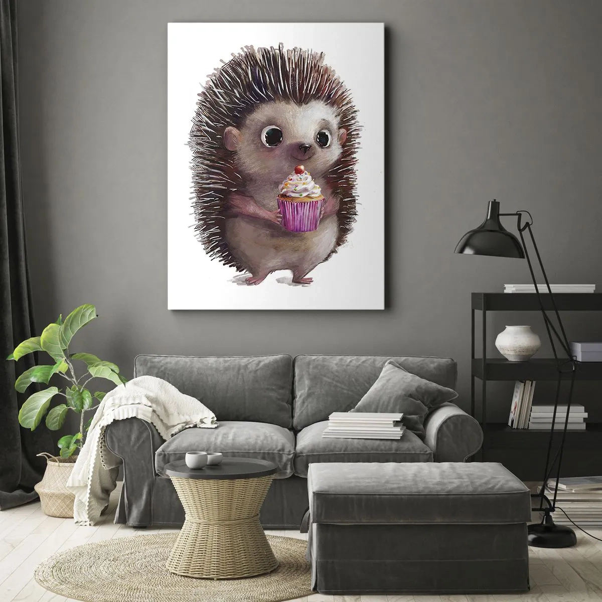 Impression sur toile - Image sur toile - Un hérisson mignon avec un cupcake - 70x100cm - La fête c'est tous les jours - Décoration murale moderne pour le salon et la chambre ARTTOR