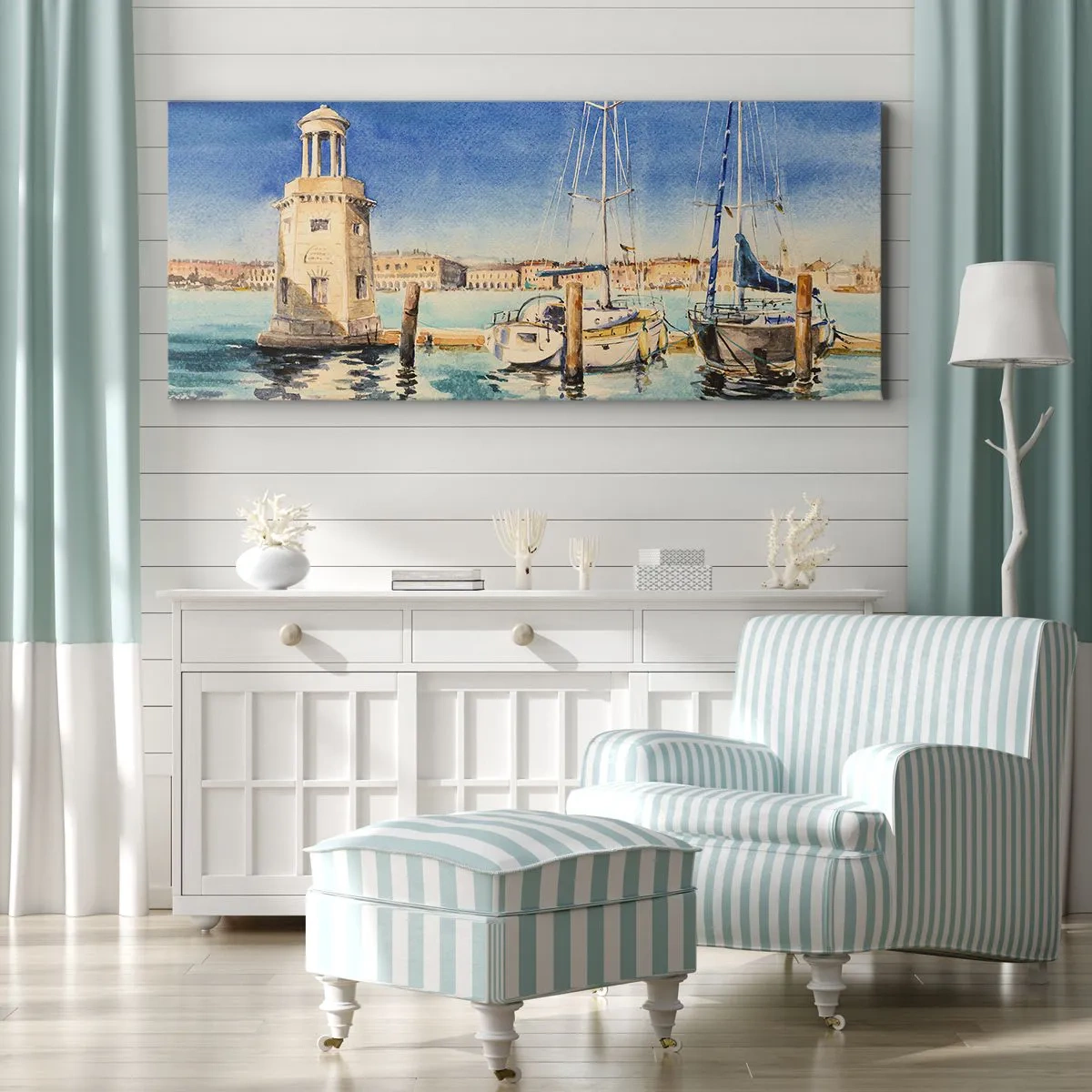 Impression sur toile - Image sur toile - Marina avec bateaux sur fond de lagon bleu - 120x50cm - Lagune ensoleillée - Décoration murale moderne pour le salon et la chambre ARTTOR
