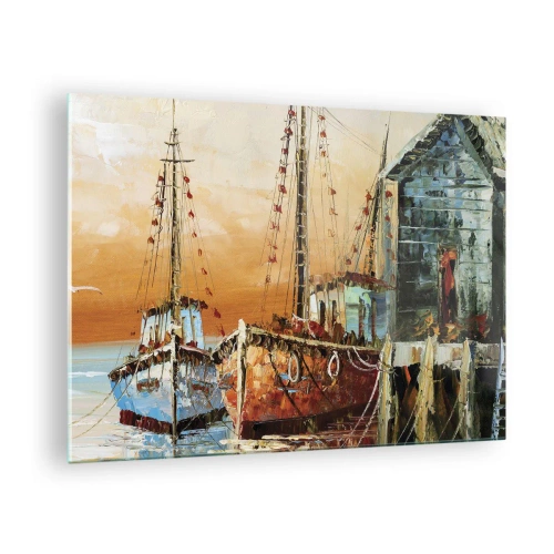 Impression sur verre - Image sur verre - Bateaux colorés à la marina - 70x50cm - Retour tranquille - Décoration murale moderne pour le salon et la chambre ARTTOR