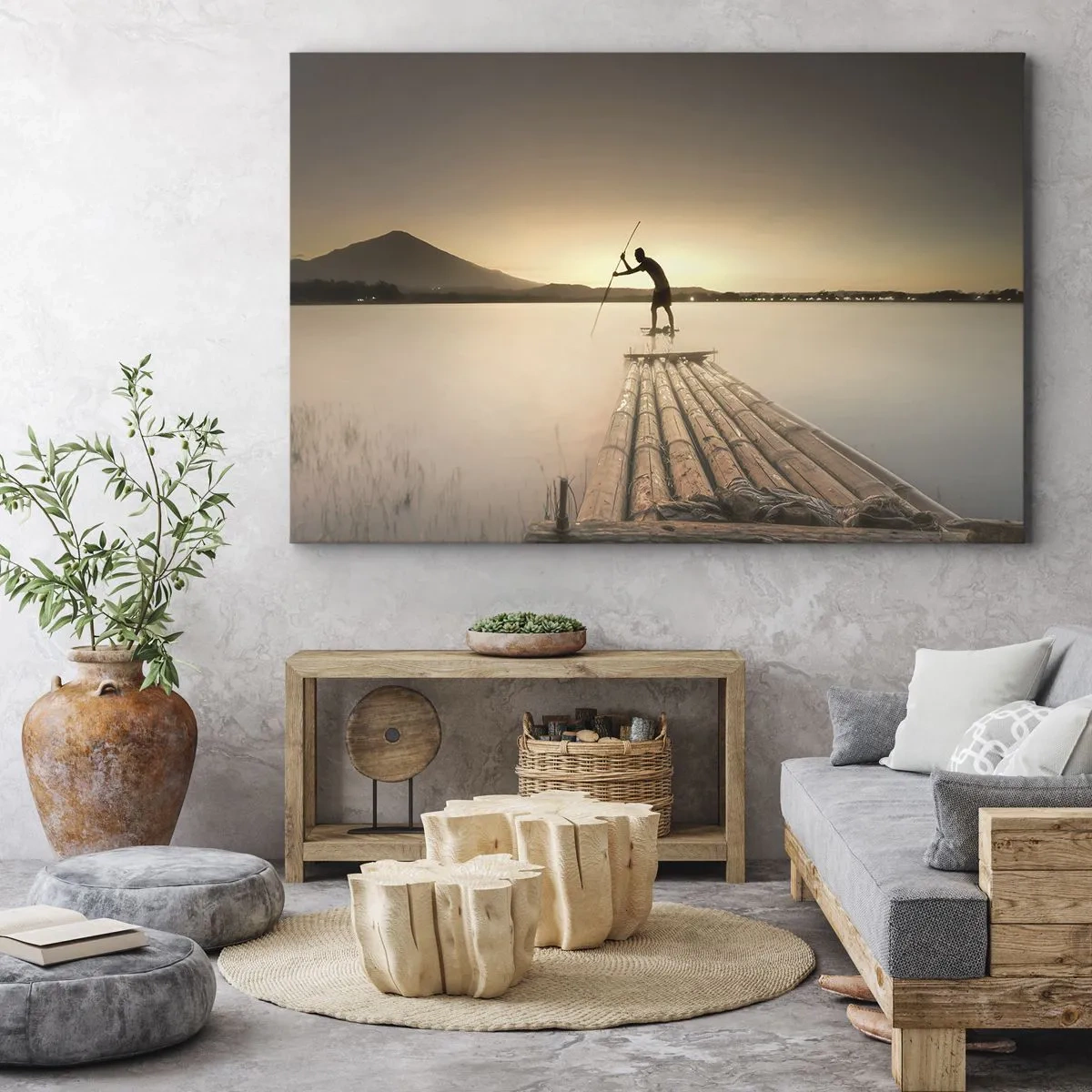 Impression sur toile - Image sur toile - Homme sur un radeau au coucher du soleil - 70x50cm - Avant la fin du jour - Décoration murale moderne pour le salon et la chambre ARTTOR