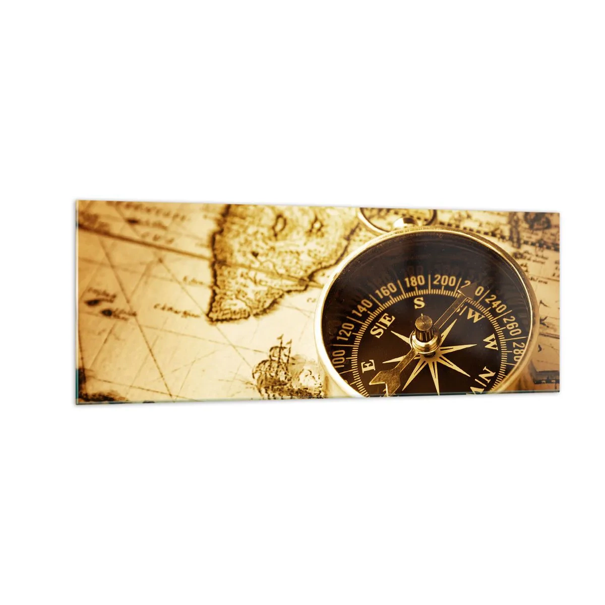 Impression sur verre - Image sur verre - Une boussole antique sur fond d'une vieille carte du monde - 140x50cm - Est ou ouest? - Décoration murale moderne pour le salon et la chambre ARTTOR