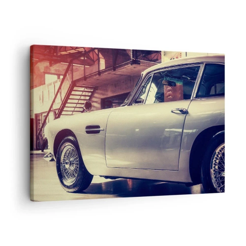 Impression sur toile - Image sur toile - Une voiture classique dans un garage élégant avec un intérieur industriel - 70x50cm - Les classiques ne vieillissent pas - Décoration murale moderne pour le salon et la chambre ARTTOR