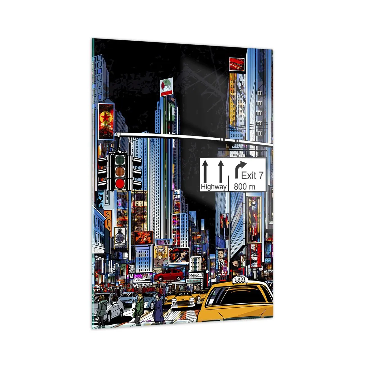 Impression sur verre - Image sur verre - Une rue animée avec des taxis jaunes et des enseignes au néon - 50x70cm - Grande nuit de bande dessinée - Décoration murale moderne pour le salon et la chambre ARTTOR