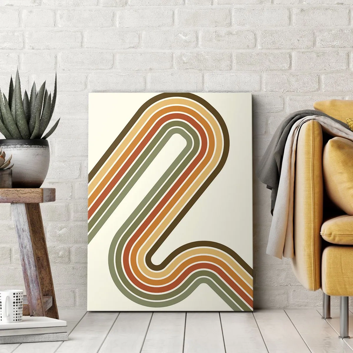 Impression sur toile - Image sur toile - Motif géométrique dans les tons de vert, orange et beige sur fond clair - 80x120cm - En zig zag vers le but - Décoration murale moderne pour le salon et la chambre ARTTOR