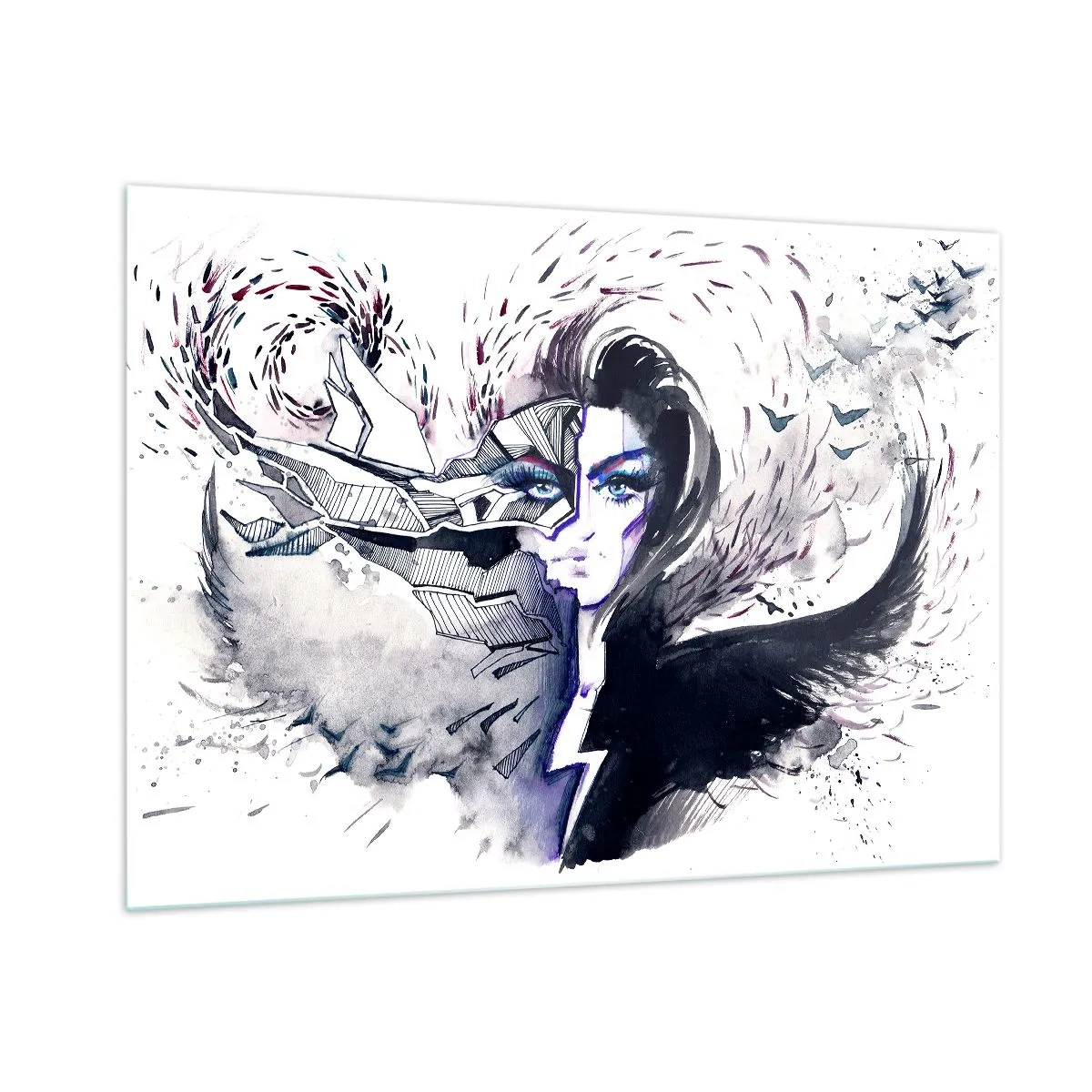 Impression sur verre - Image sur verre - Portrait abstrait avec des éléments dynamiques et du noir - 100x70cm - Démoniaque et belle - Décoration murale moderne pour le salon et la chambre ARTTOR