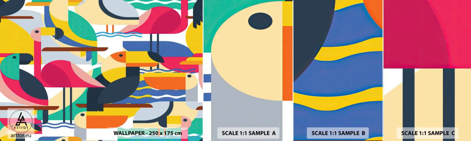 Échantillon De Papier Peint Standard Eco - Fête des oiseaux - Abstraction, Pélican, Morceau - 100x30 cm