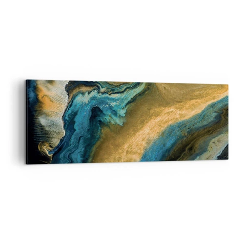 Impression sur toile - Image sur toile - Vagues abstraites dans des tons d'or et de bleu - 140x50cm - Bleu - jaune - influences mutuelles - Décoration murale moderne pour le salon et la chambre ARTTOR
