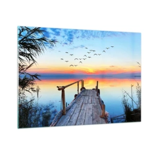 Impression sur verre - Image sur verre - Une jetée en bois au-dessus d'un lac au coucher du soleil avec une volée d'oiseaux volant au-dessus - 100x70cm - Il est temps de rentrer... - Décoration murale moderne pour le salon et la chambre ARTTOR
