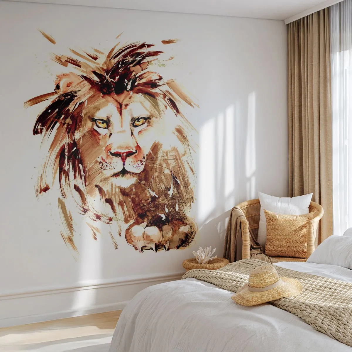 Papier Peint Photo Premium Sand - Portrait à l'aquarelle d'un lion majestueux - 100x70cm - Force et dignité - Décoration murale moderne pour le salon et la chambre ARTTOR