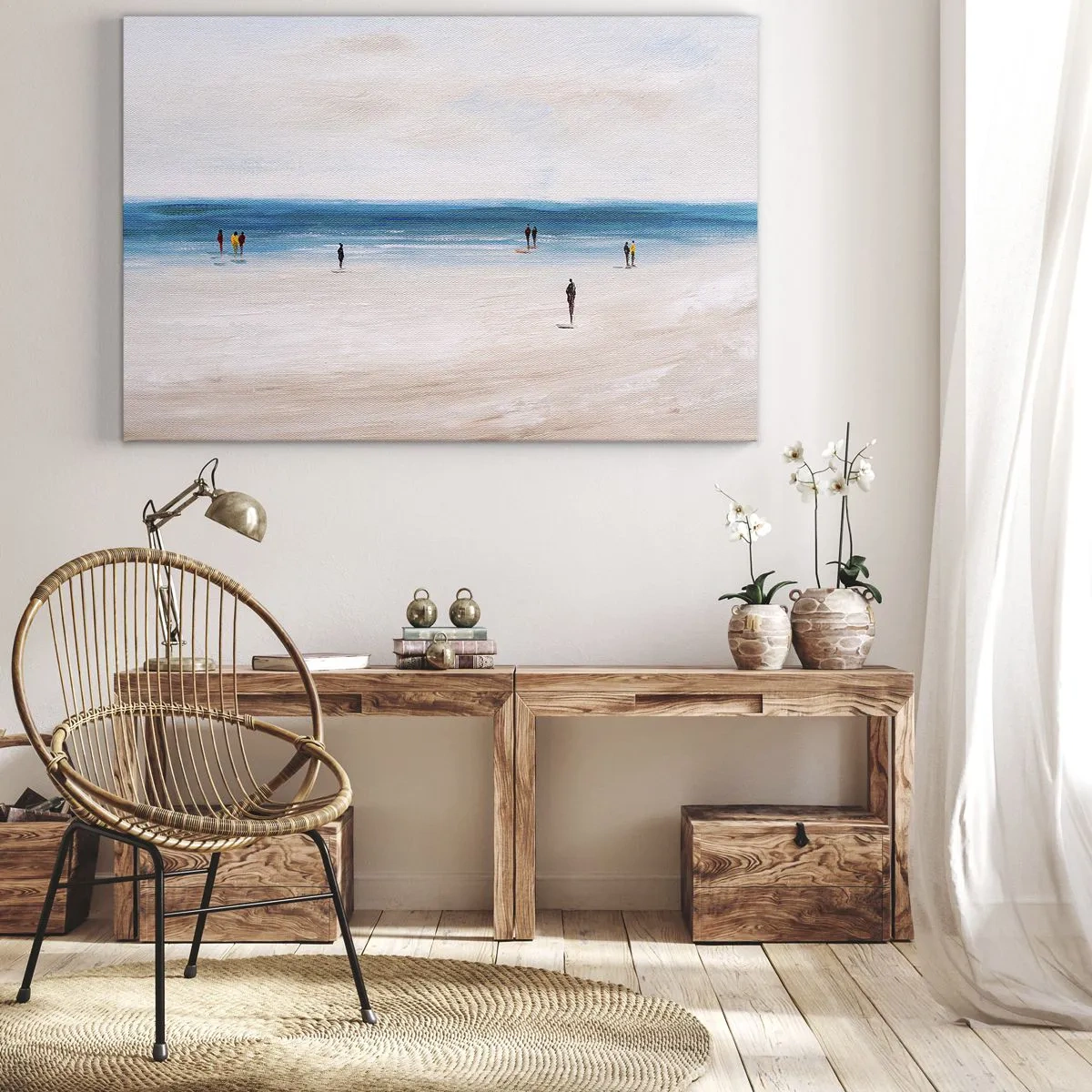Impression sur toile - Image sur toile - Une plage avec des gens sur fond de mer calme - 100x70cm - Un besoin naturel - Décoration murale moderne pour le salon et la chambre ARTTOR