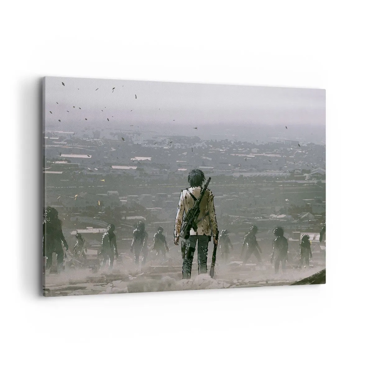 Impression sur toile - Image sur toile - Une silhouette avec une arme se tient devant un groupe dans un paysage dystopique. - 100x70cm - Dernier samaritain ? - Décoration murale moderne pour le salon et la chambre ARTTOR
