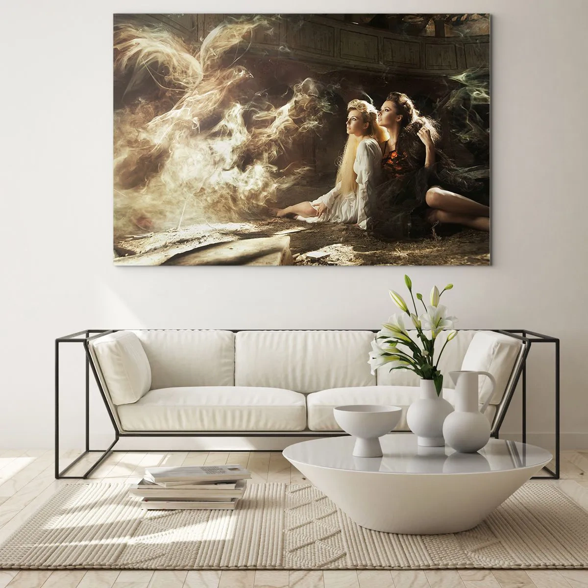 Impression sur verre - Image sur verre - Deux femmes avec un phénix de feu dans un décor magique - 70x50cm - Et il y a eu la poésie - Décoration murale moderne pour le salon et la chambre ARTTOR