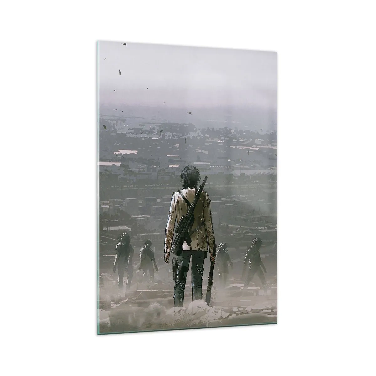 Impression sur verre - Image sur verre - Une silhouette avec une arme se tient devant un groupe dans un paysage dystopique. - 70x100cm - Dernier samaritain ? - Décoration murale moderne pour le salon et la chambre ARTTOR