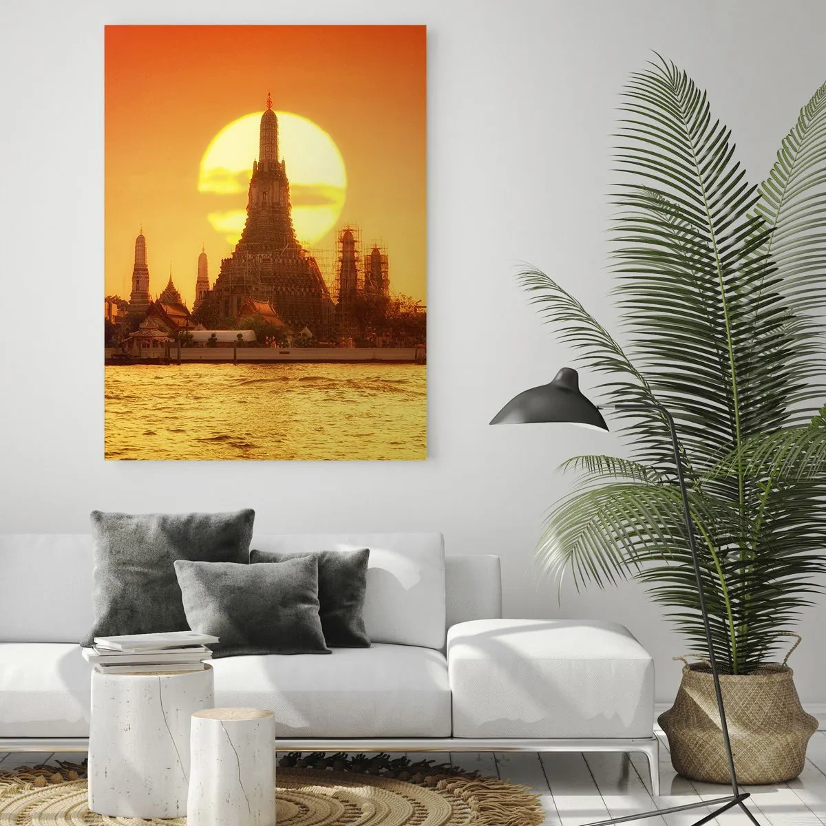 Impression sur verre - Image sur verre - Coucher de soleil sur le temple avec reflet dans l'eau - 70x100cm - Vers le soleil, toujours vers le soleil - Décoration murale moderne pour le salon et la chambre ARTTOR