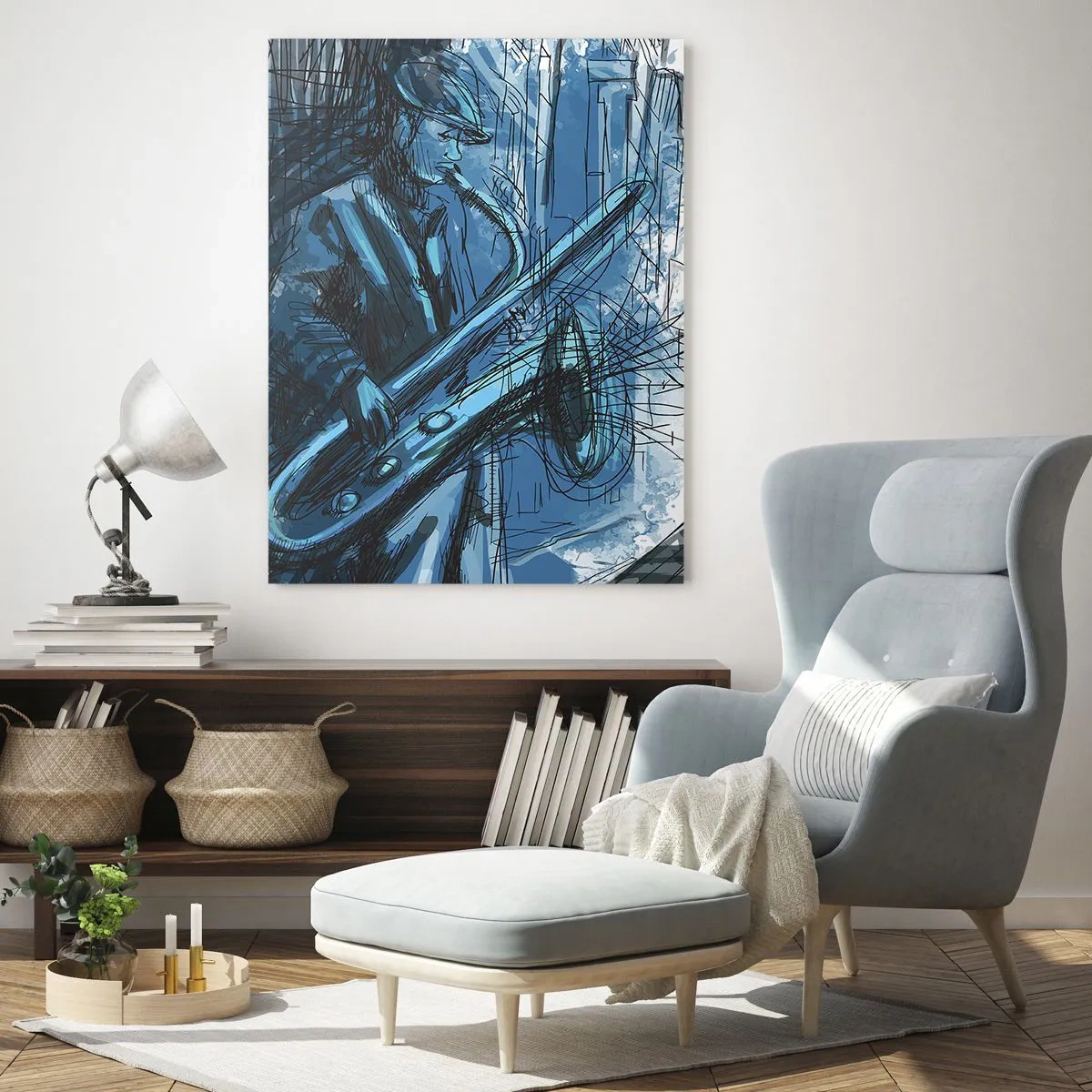 Impression sur verre - Image sur verre - Une silhouette jouant du saxophone sur fond de ville - 80x120cm - Rhapsodie urbaine - Décoration murale moderne pour le salon et la chambre ARTTOR