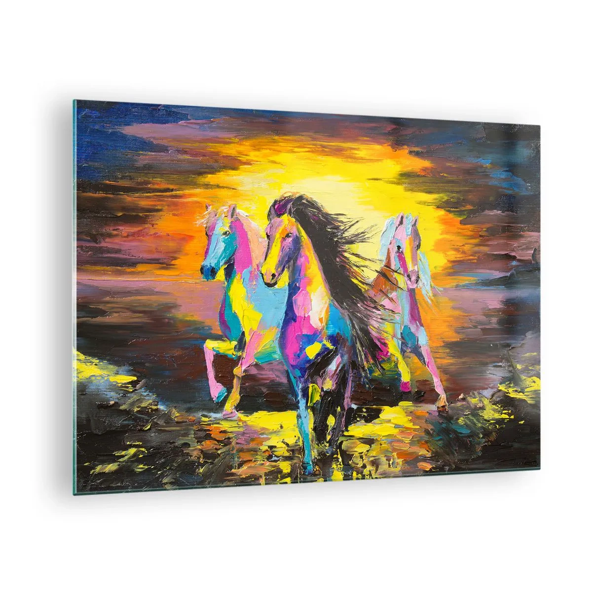 Impression sur verre - Image sur verre - Chevaux colorés galopant sur fond de coucher de soleil - 70x50cm - Immergé dans l'arc-en-ciel - Décoration murale moderne pour le salon et la chambre ARTTOR